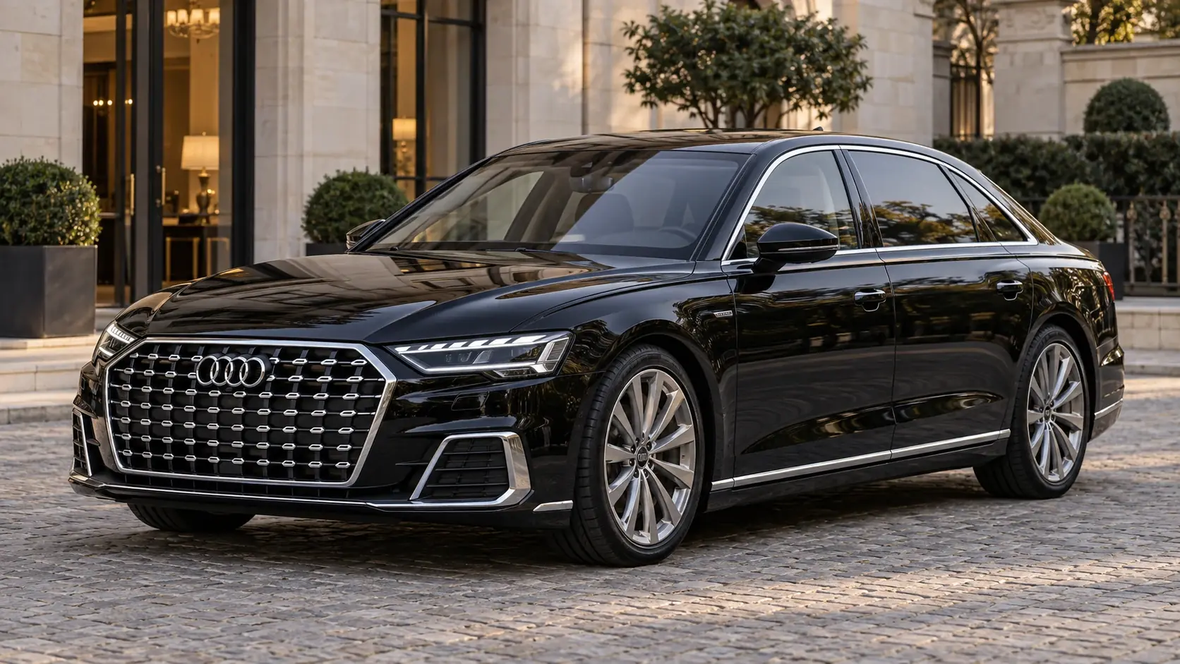 Ilustración editorial generada por IA del Audi A8 L Security, vista exterior completa en una composición original de tres cuartos frontales.