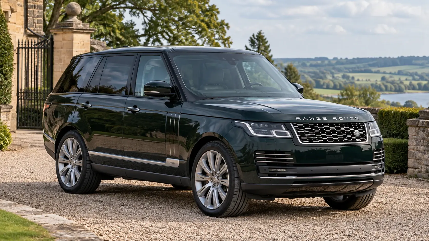 Ilustración editorial generada por IA del Range Rover Sentinel — 2019 V8, exterior completo en una composición original de tres cuartos frontales.