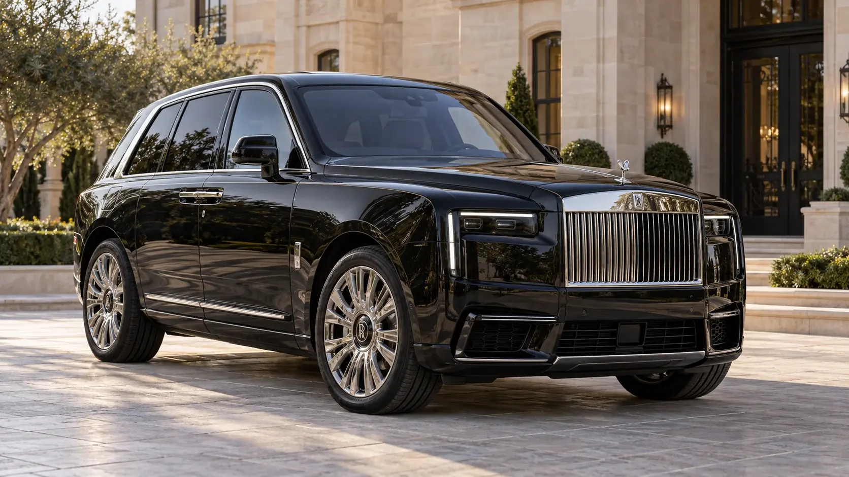 Ilustración editorial generada por IA del Rolls-Royce Cullinan Series II: conversión blindada, exterior completo en una composición original de tres cuartos frontales.