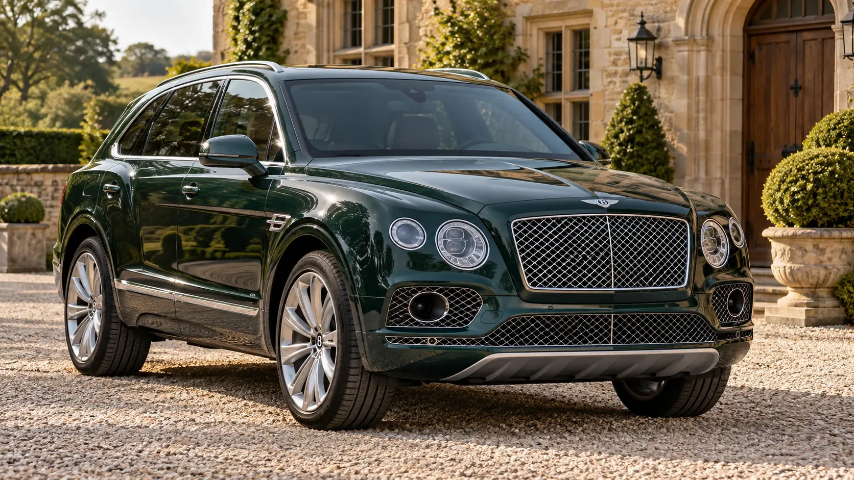 Ilustración editorial generada por IA del Bentley Bentayga W12: conversión INKAS, exterior completo en una composición original de tres cuartos frontales.