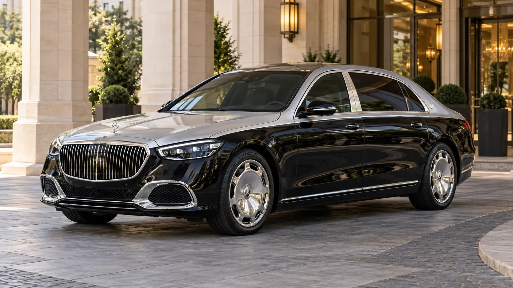 Ilustración editorial generada por IA del Mercedes-Maybach S 680 — conversión INKAS, exterior completo en una composición original de tres cuartos frontales.