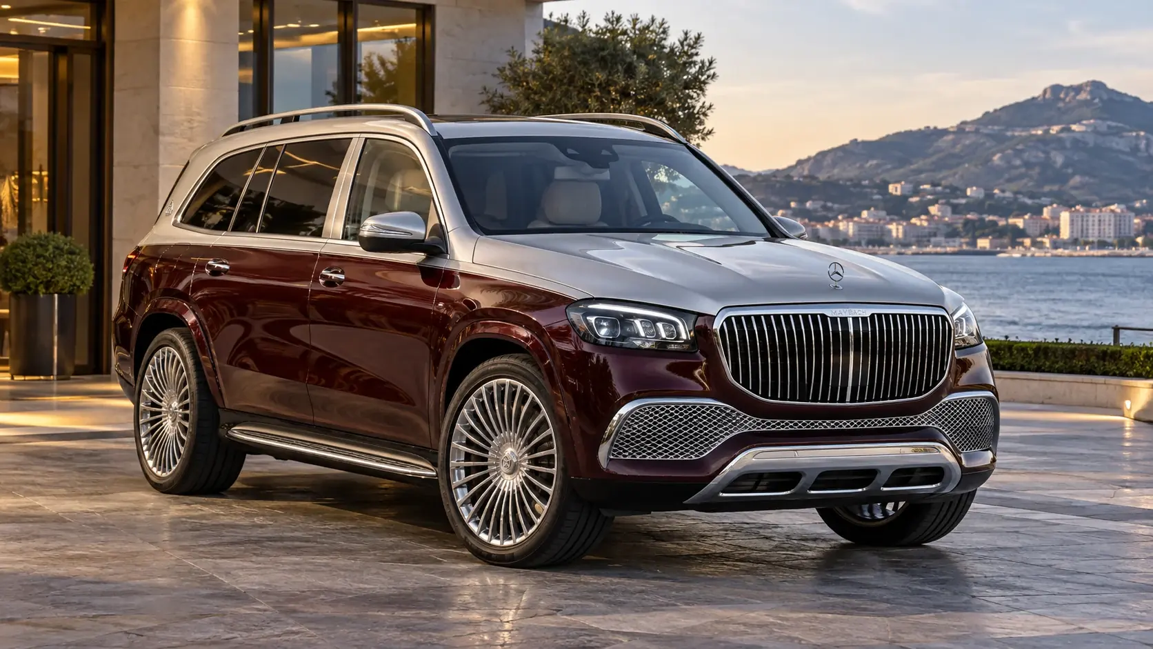 Ilustración editorial generada por IA del Mercedes-Maybach GLS 600 — conversión INKAS, exterior completo en una composición original de tres cuartos frontales.