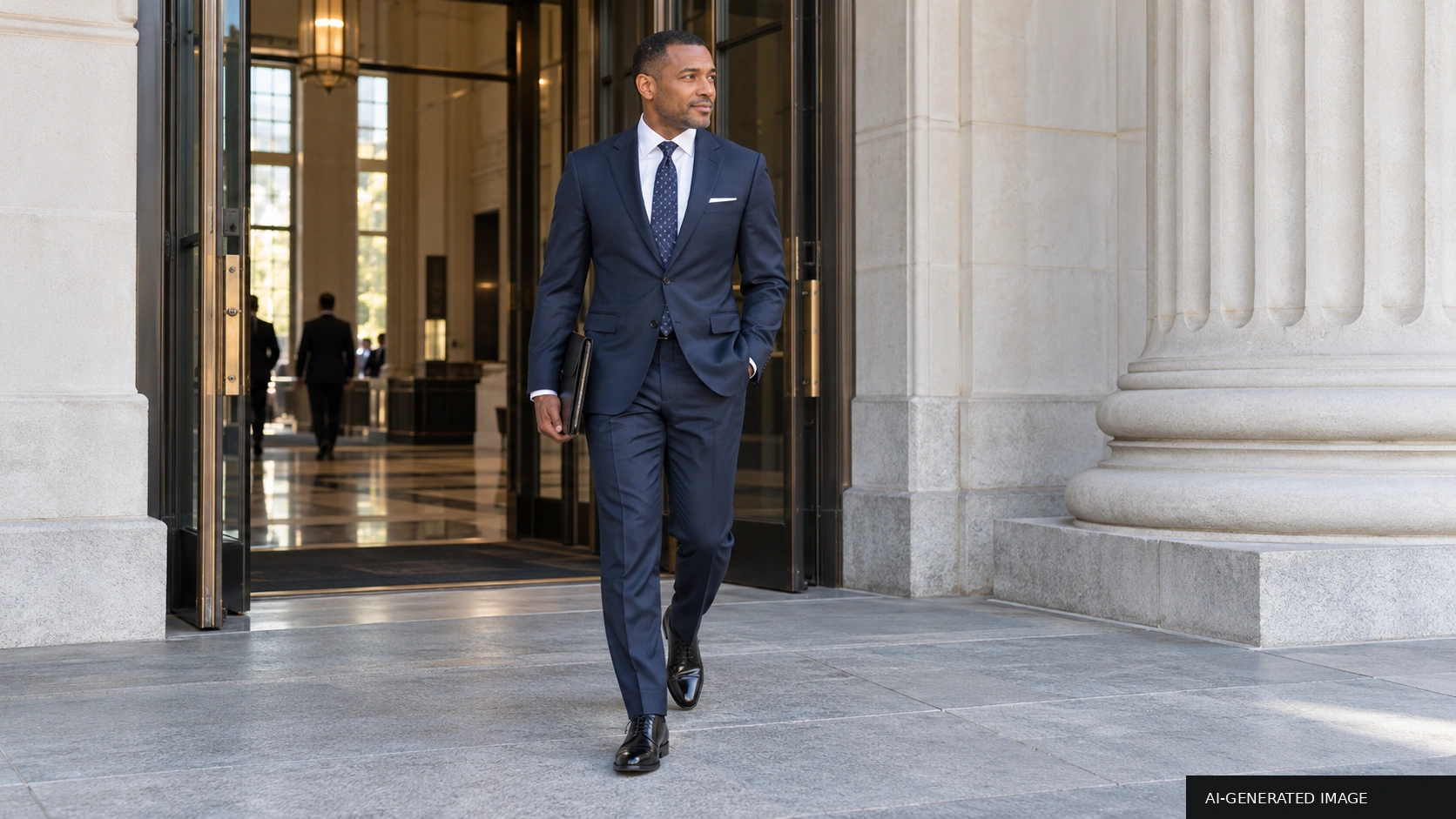 Ilustração gerada por IA de um profissional em um terno azul-marinho escuro chegando a um edifício formal para conferências inspirado em Washington, D.C.