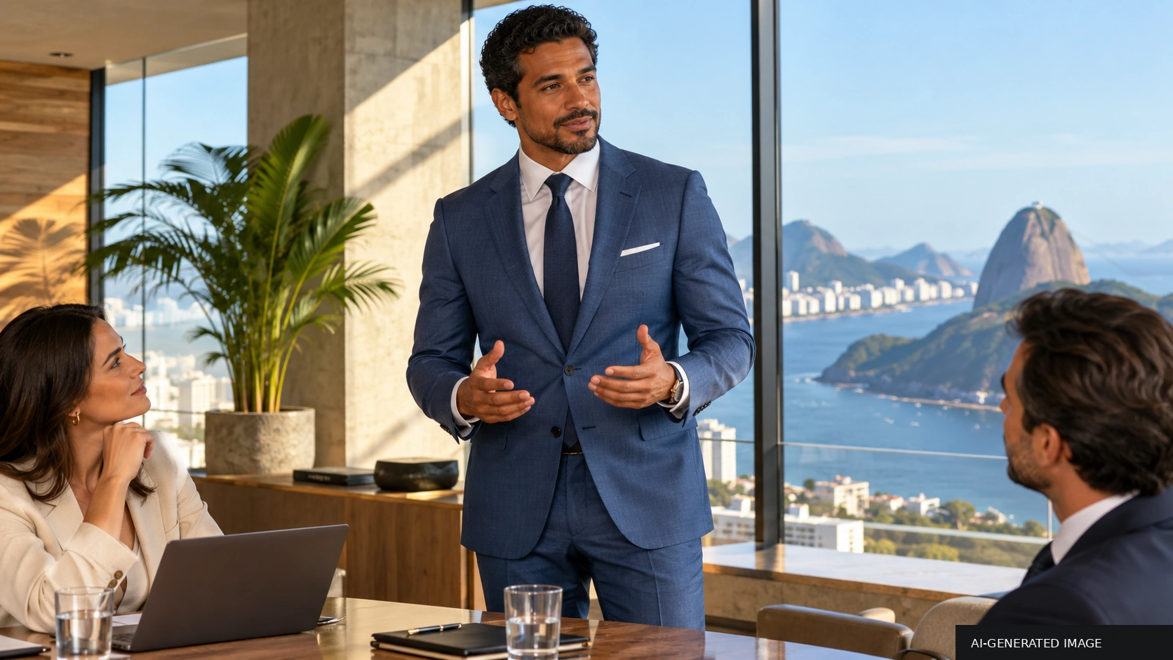 Ilustração gerada por IA de um homem de terno azul claro reunindo-se com colegas em um espaço de negócios costeiro inspirado no Rio de Janeiro.