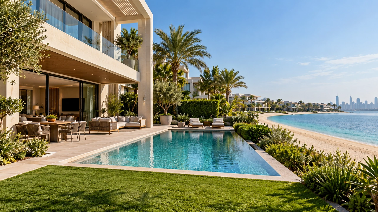 Ilustración generada por IA: una villa frente al agua y piscina inspiradas en Palm Jumeirah