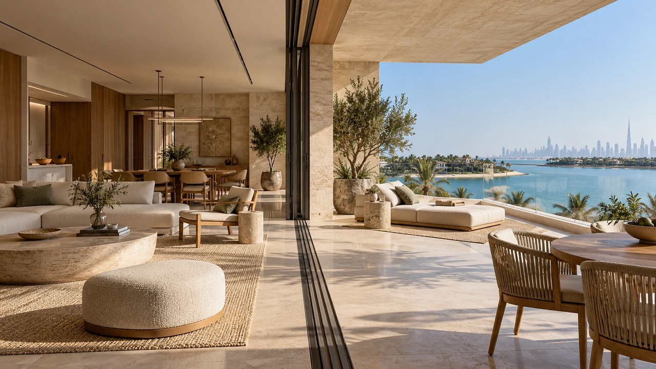 Ilustración generada por IA: un apartamento insular inspirado en Jumeirah Bay
