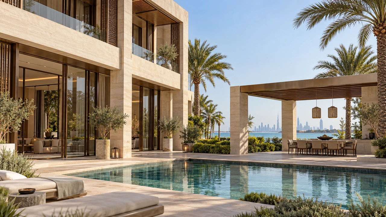 Ilustración generada por IA: una mansión con patio inspirada en Jumeirah Bay