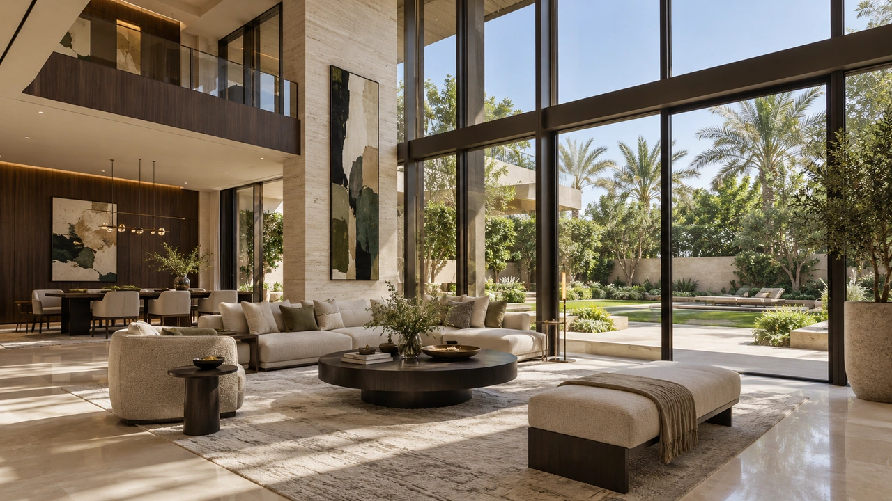 Ilustración generada por IA: un salón de villa inspirado en Emirates Hills, no un apartamento