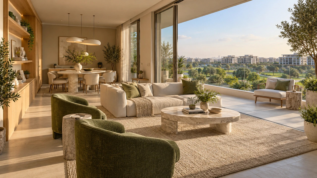Ilustración generada por IA: un apartamento inspirado en Dubai Hills con vistas a un parque