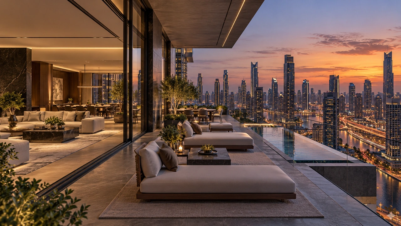 Ilustración generada por IA: un ático inspirado en Downtown Dubai con silueta urbana ficticia