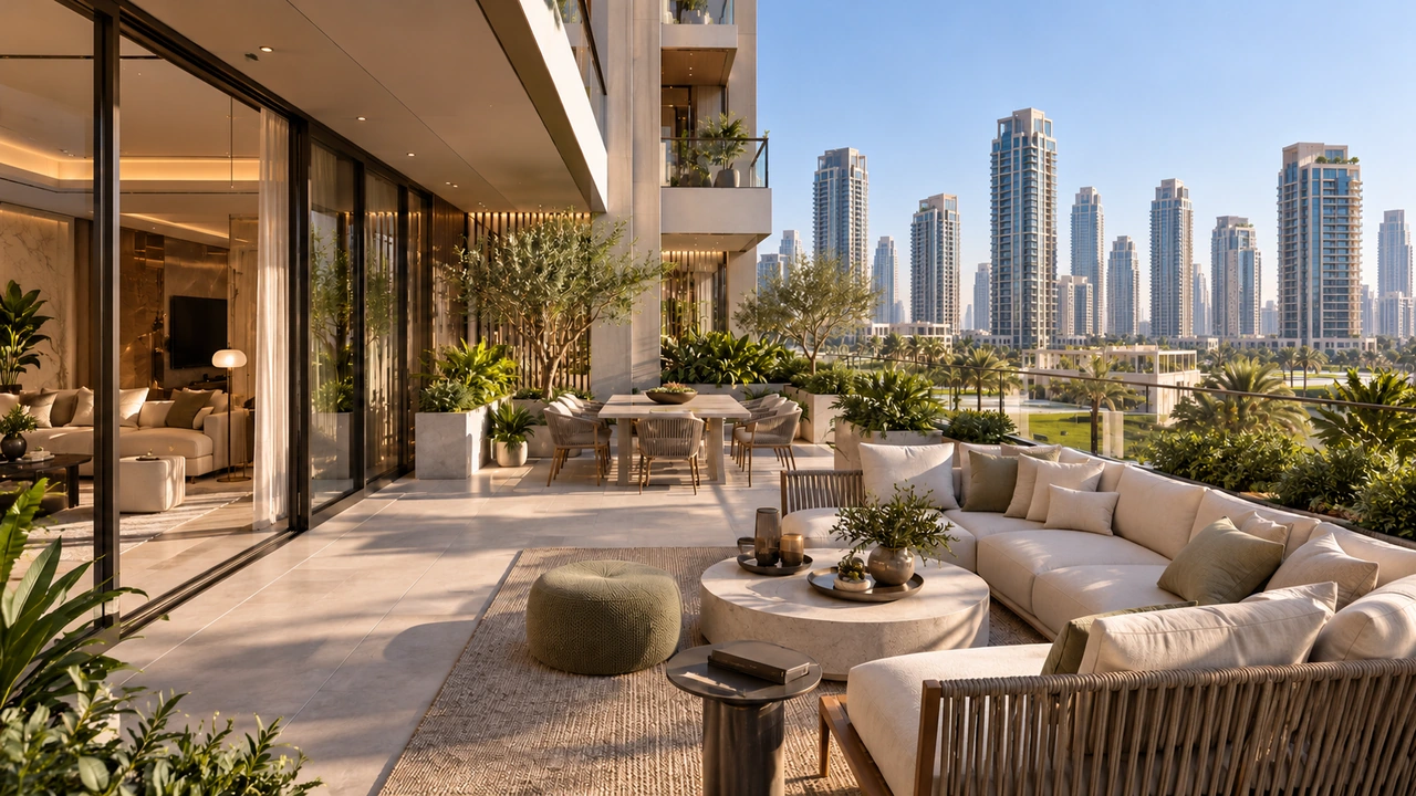 Ilustración generada por IA: una terraza de apartamento inspirada en Downtown Dubai integrada en un edificio mayor