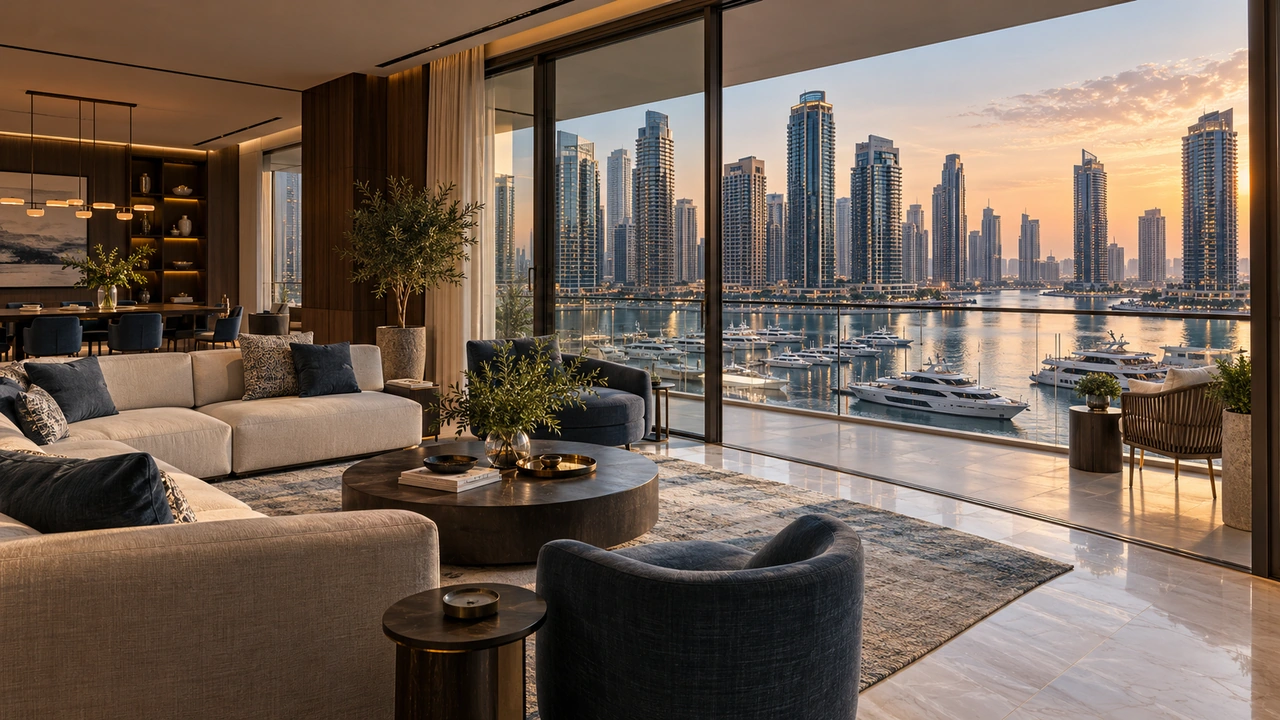 Ilustración generada por IA: un apartamento inspirado en Dubai Marina con vistas ficticias a una marina