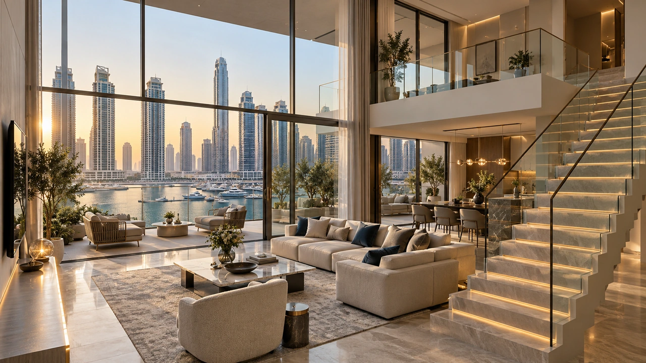 Ilustración generada por IA: un dúplex inspirado en Dubai Marina con escalera