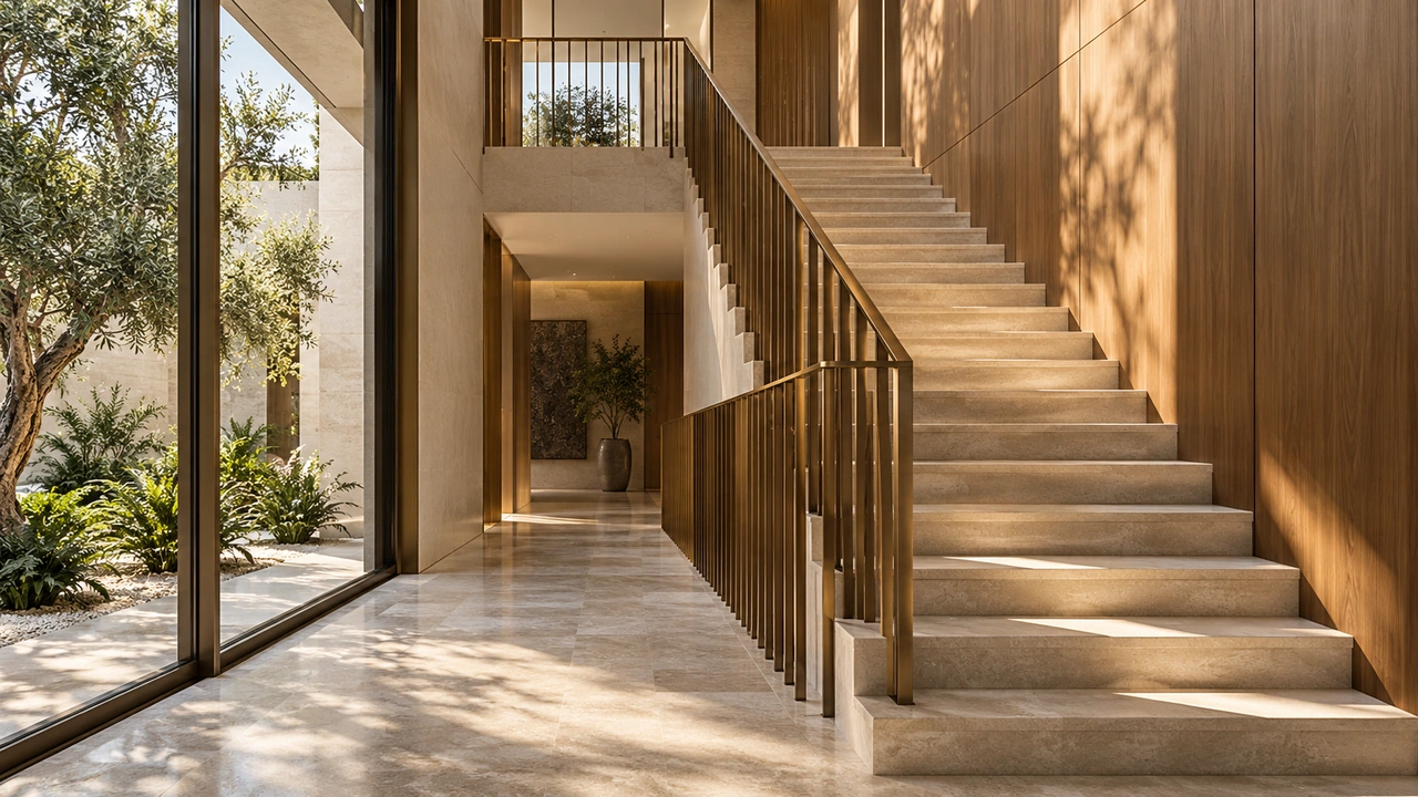 Ilustración generada por IA: una escalera de villa de piedra y madera junto a un patio