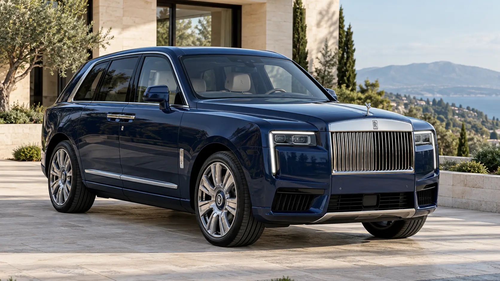 AI 生成的 Rolls-Royce Cullinan Series II 编辑插图，完整车辆的前四分之三视图。