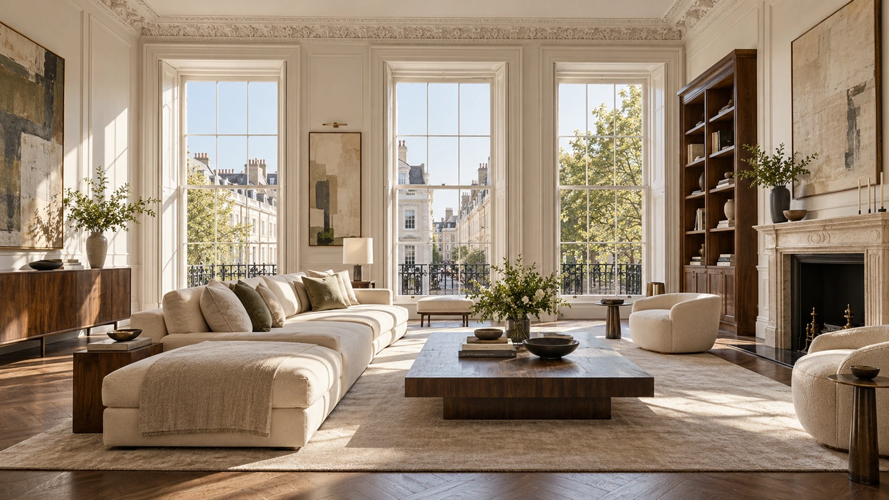Ilustración generada por IA: Un salón en una planta inspirado en Mayfair, con ventanas altas y detalles de época discretos.