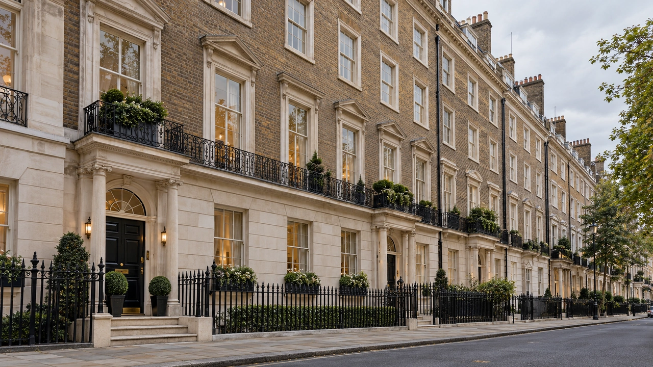 Ilustración generada por IA: Una casa urbana adosada inspirada en Mayfair, con piedra sobria y barandillas de hierro.