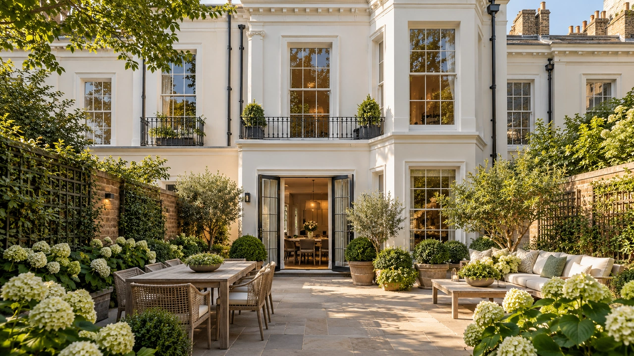 Ilustración generada por IA: Una casa de fachada blanca inspirada en Belgravia abierta a un pequeño patio ajardinado cerrado.