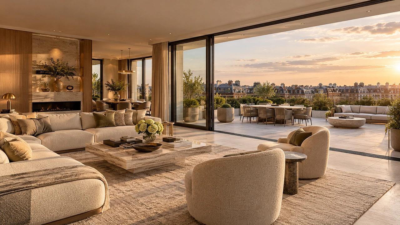 Ilustración generada por IA: Un salón de ático contemporáneo inspirado en Knightsbridge y una terraza en cubierta.