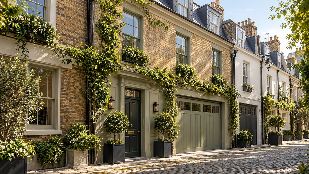 Ilustración generada por IA: Una casa de mews inspirada en Knightsbridge en una pequeña calle adoquinada.