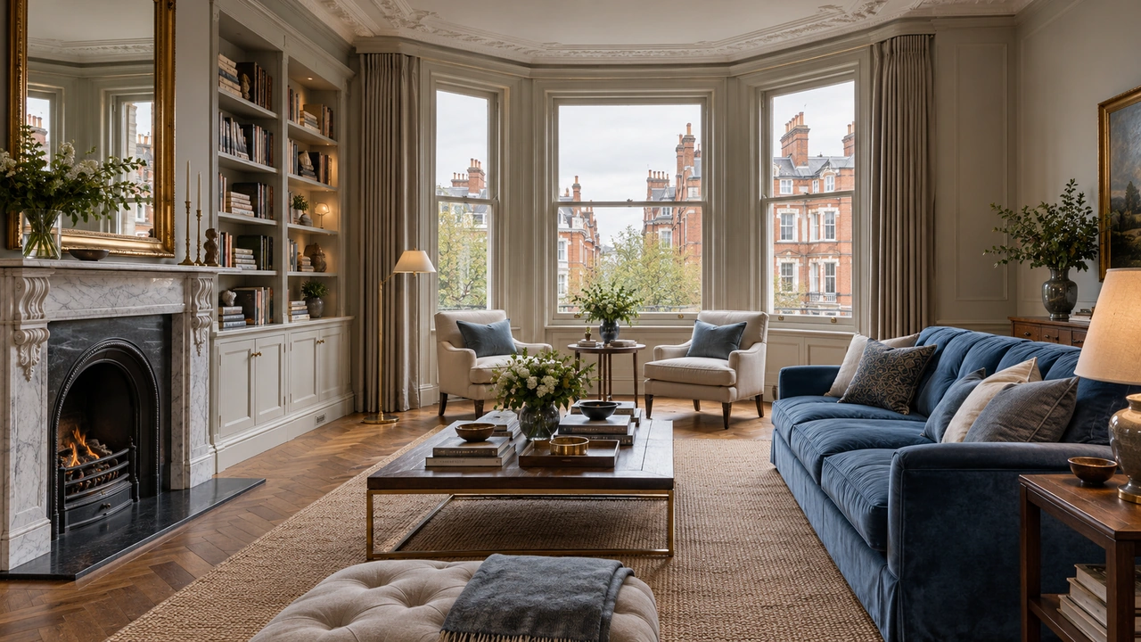 Ilustración generada por IA: Un salón de piso señorial inspirado en Kensington con miradores y tapicería azul.