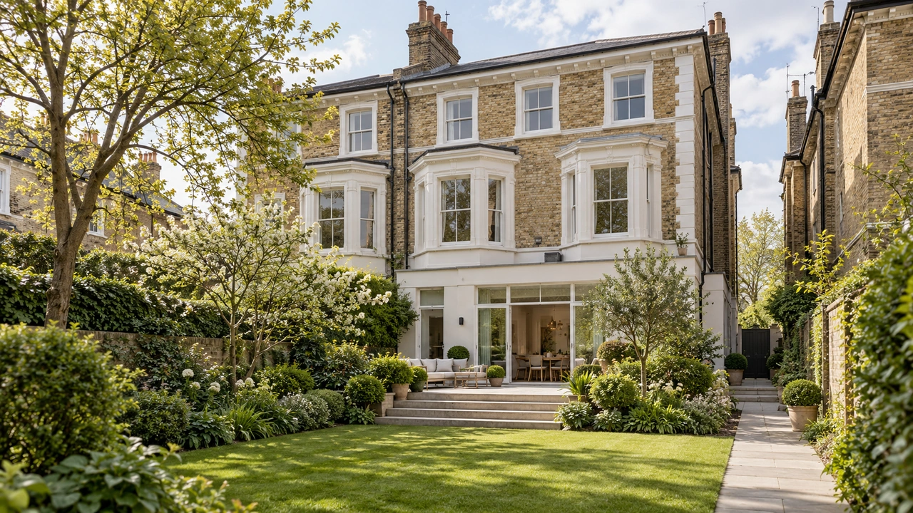 Ilustración generada por IA: Una casa pareada inspirada en Kensington vista desde su jardín.
