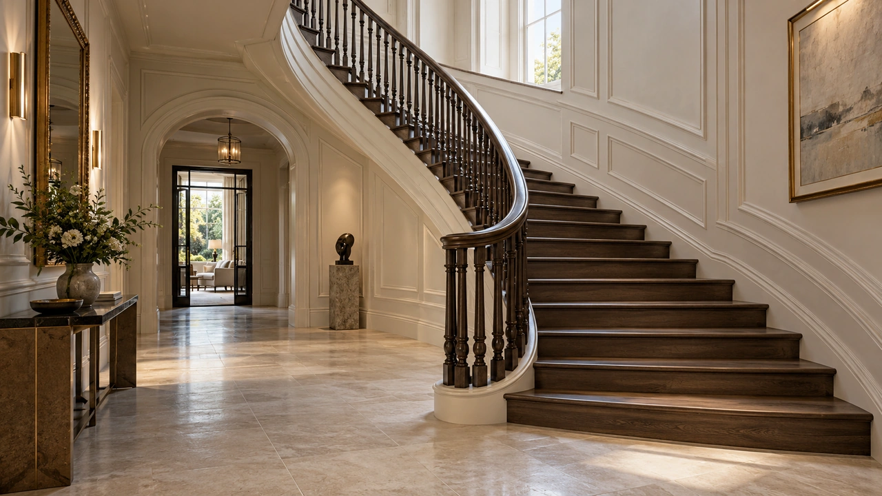 Ilustración generada por IA: El interior de una residencia londinense ficticia con escalera de roble y vestíbulo de piedra.