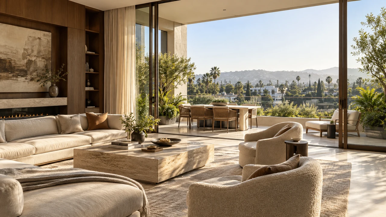 KI-generierte Illustration: Beverly-Hills-Condominium-Wohnraum mit urbaner Terrasse