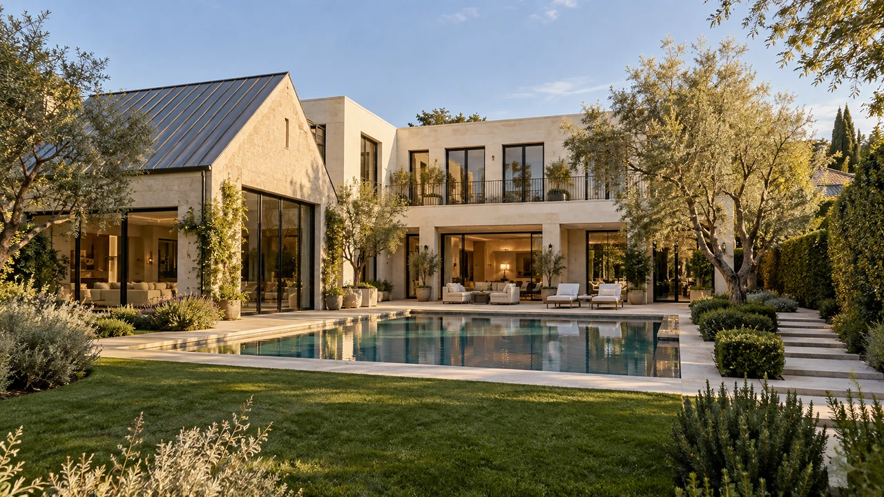 KI-generierte Illustration: Beverly-Hills-Hofanwesen mit Gartenpool