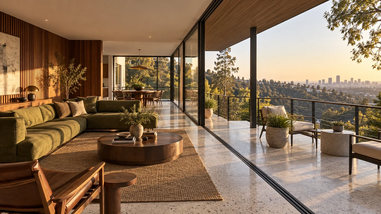 KI-generierte Illustration: Hollywood-Hills-Hausinneres mit Canyonbalkon