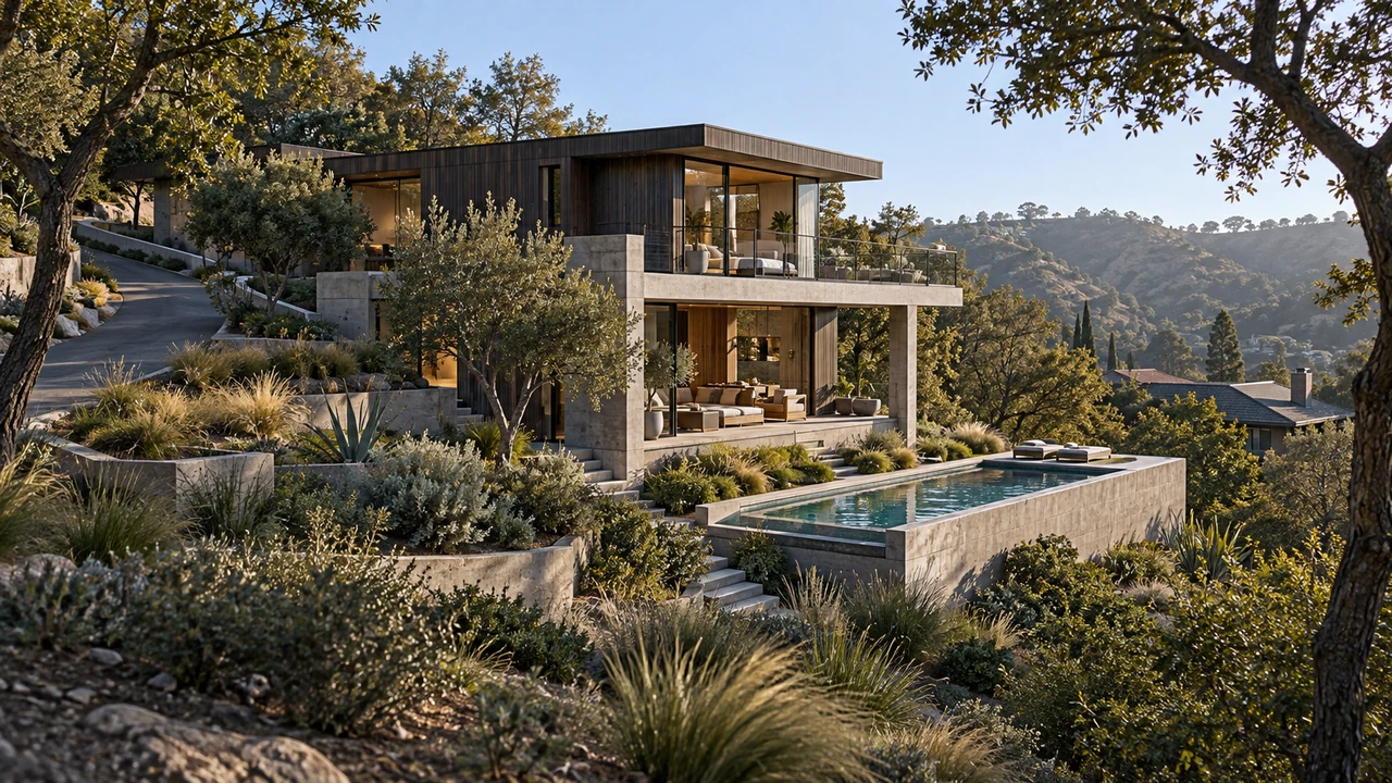 KI-generierte Illustration: Hollywood-Hills-Villa entlang eines Canyonhangs