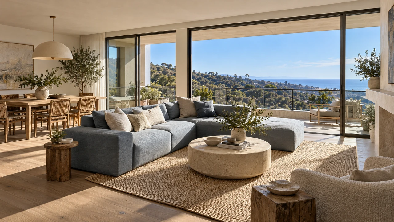 KI-generierte Illustration: Pacific-Palisades-Condominium mit Blick auf Küstenhügel