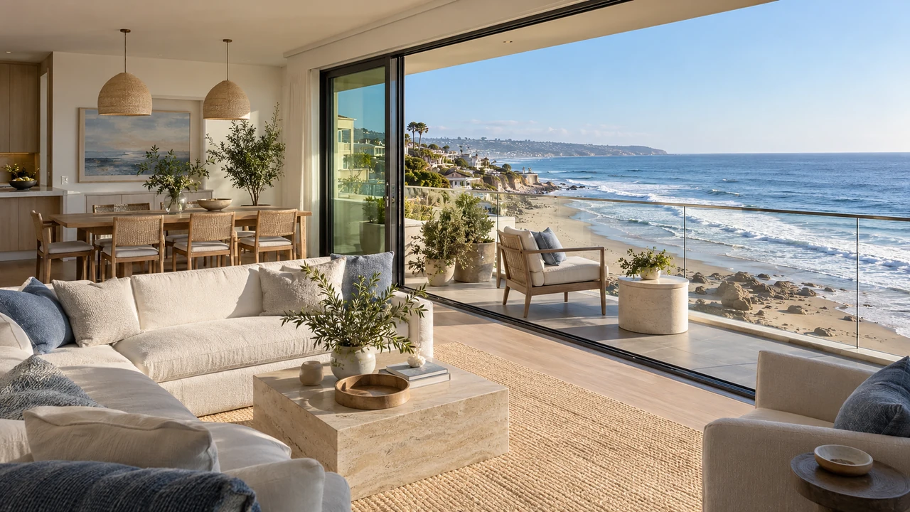 KI-generierte Illustration: Malibu-Condominium-Balkon über einer konzeptionellen Küste