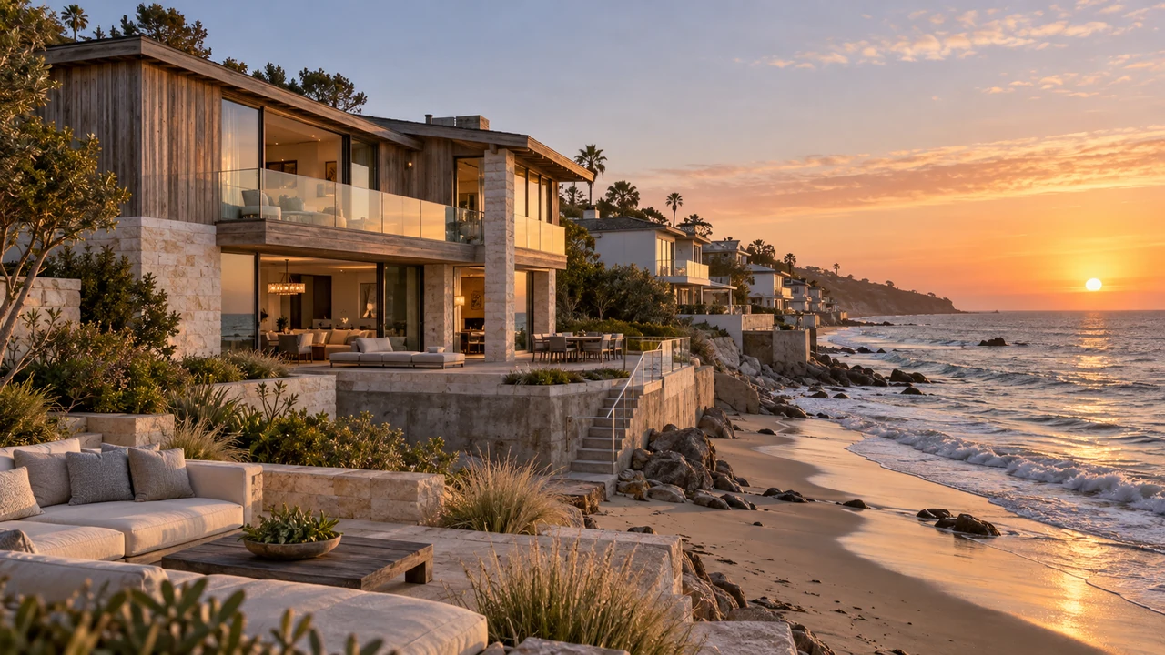 KI-generierte Illustration: Malibu-Haus direkt am Meer neben schmalem Ufer