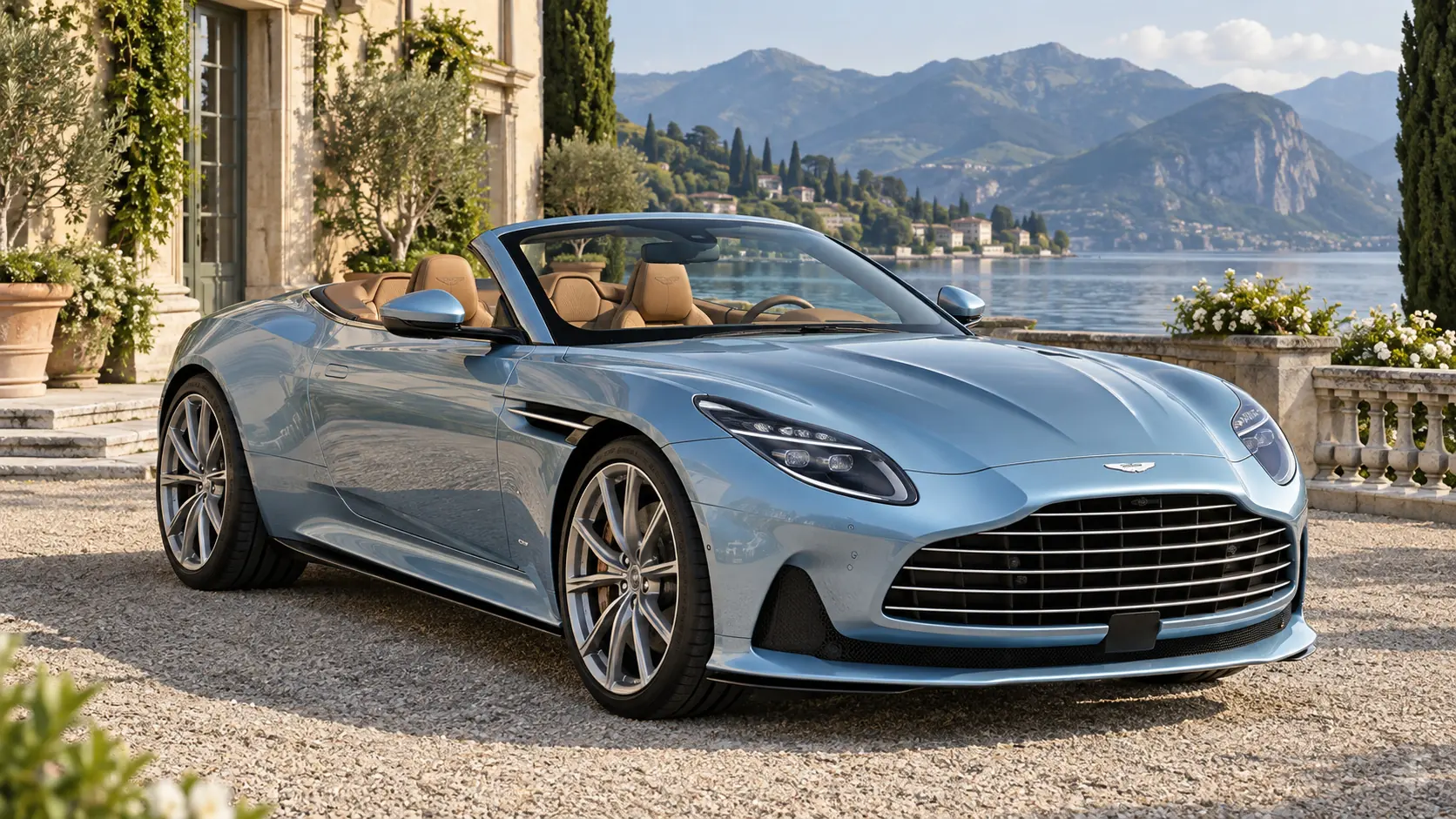 Ilustración generada por IA que representa el modelo Aston Martin DB12 Volante con el techo bajado.