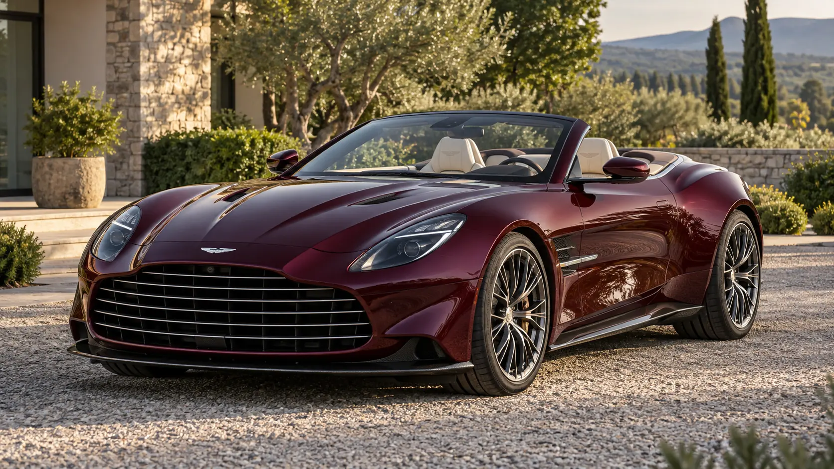 Ilustración generada por IA que representa el modelo Aston Martin Vanquish Volante con el techo bajado.