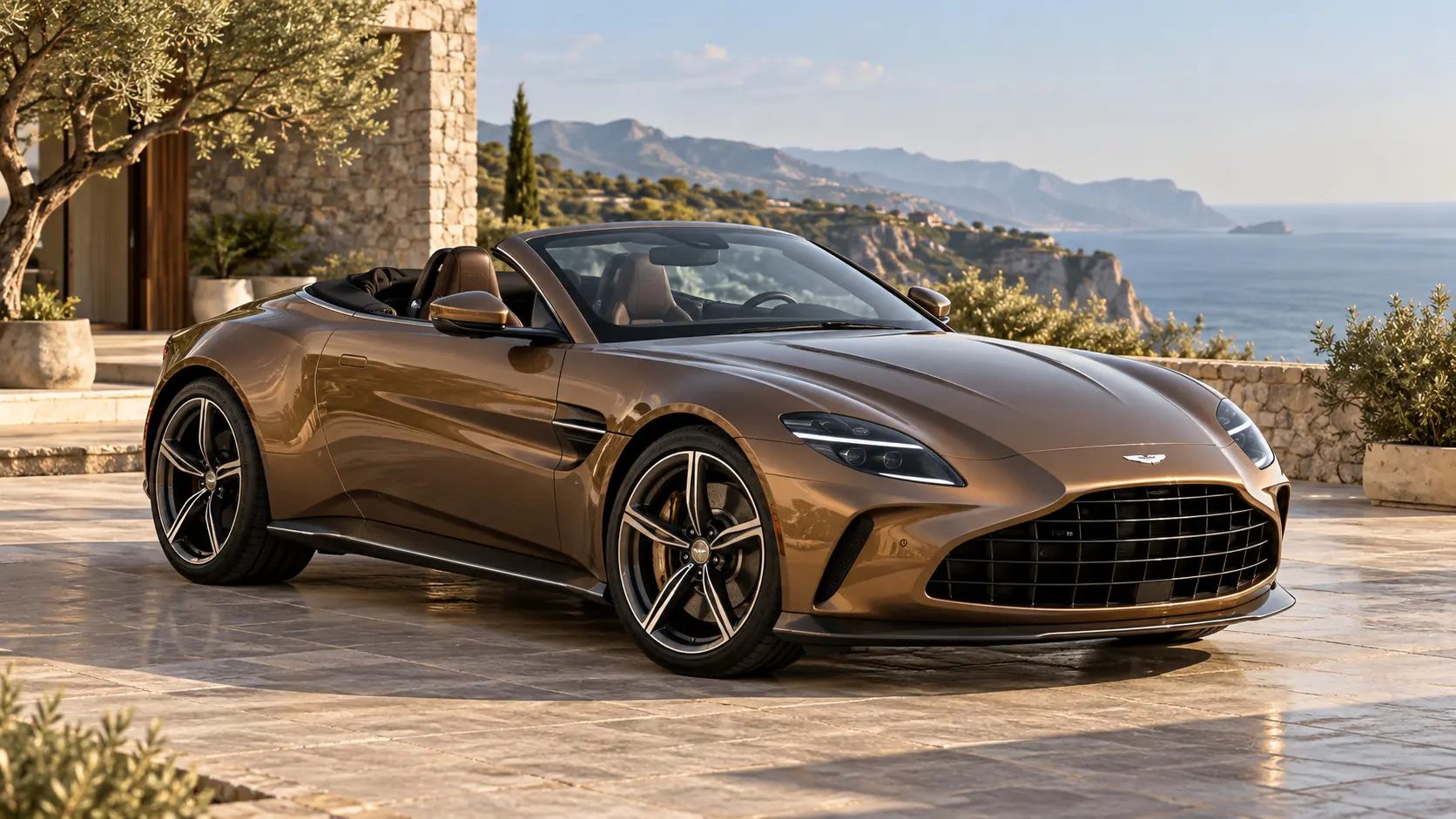 Ilustración generada por IA que representa el modelo Aston Martin Vantage Roadster con el techo bajado.