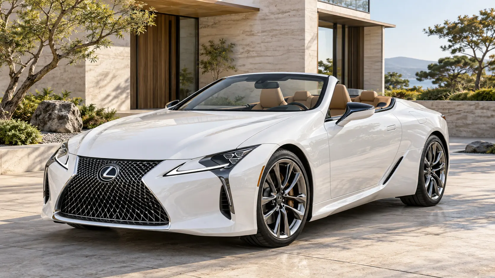 Ilustración generada por IA que representa el modelo Lexus LC 500 Convertible con el techo bajado.