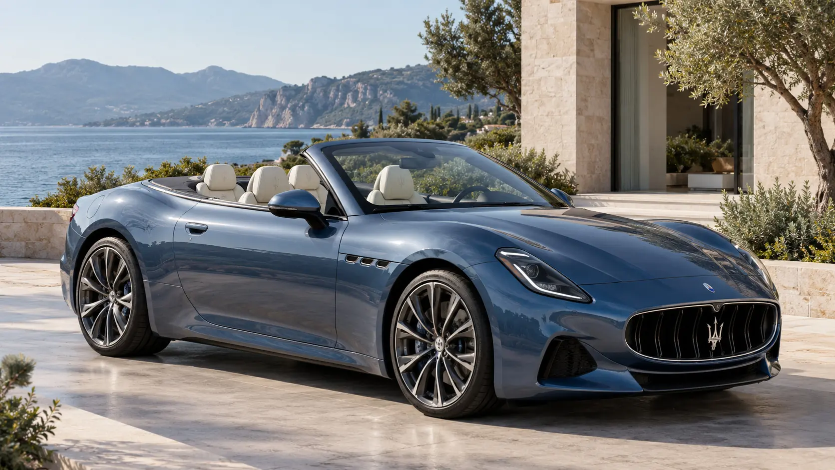 Ilustración generada por IA que representa el modelo Maserati GranCabrio Folgore con el techo bajado.
