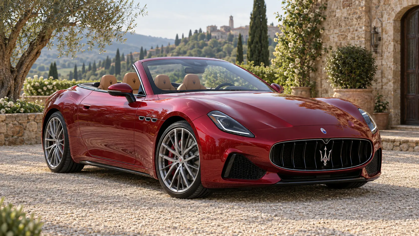Ilustración generada por IA que representa Maserati GranCabrio: gasolina con el techo bajado.