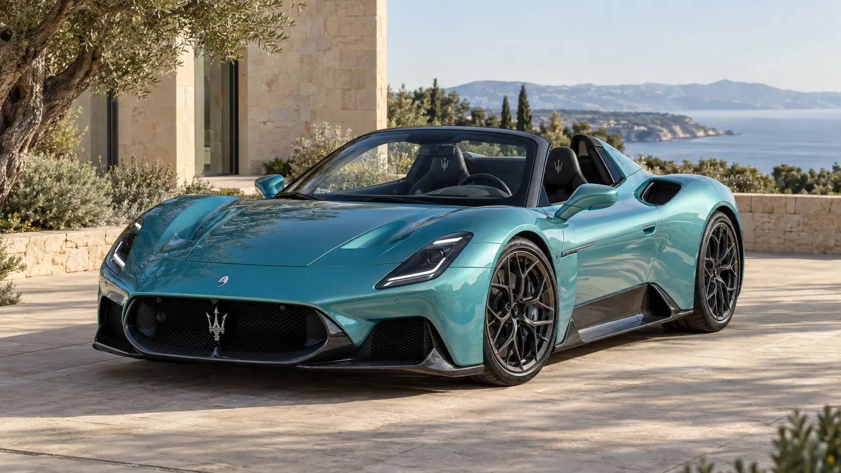 Ilustración generada por IA que representa el modelo Maserati MCPURA Cielo con el techo bajado.