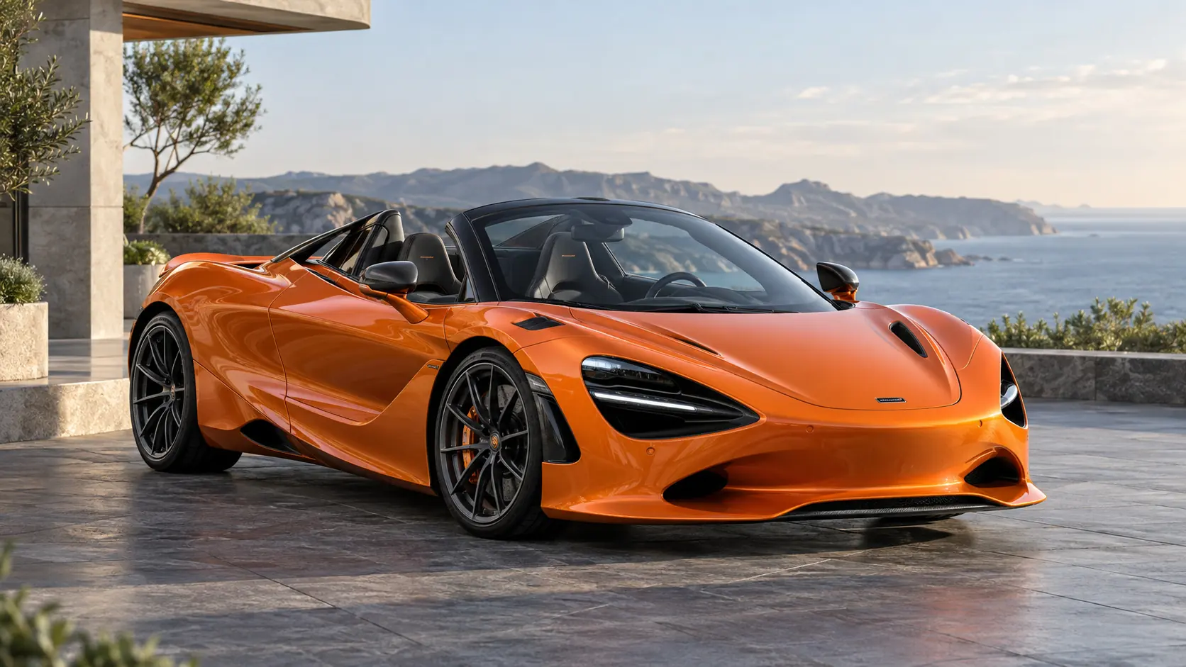 Ilustración generada por IA que representa el modelo McLaren 750S Spider con el techo bajado.