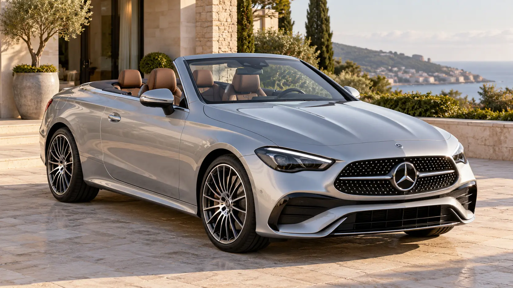 Ilustración generada por IA que representa el modelo Mercedes-Benz CLE Cabriolet con el techo bajado.