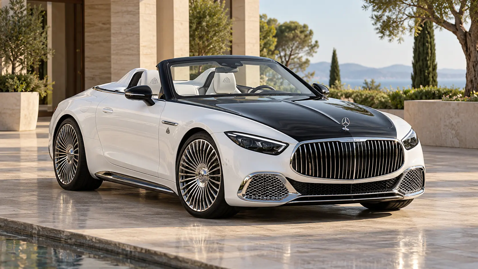 Ilustración generada por IA que representa el modelo Mercedes-Maybach SL 680 Monogram Series con el techo bajado.