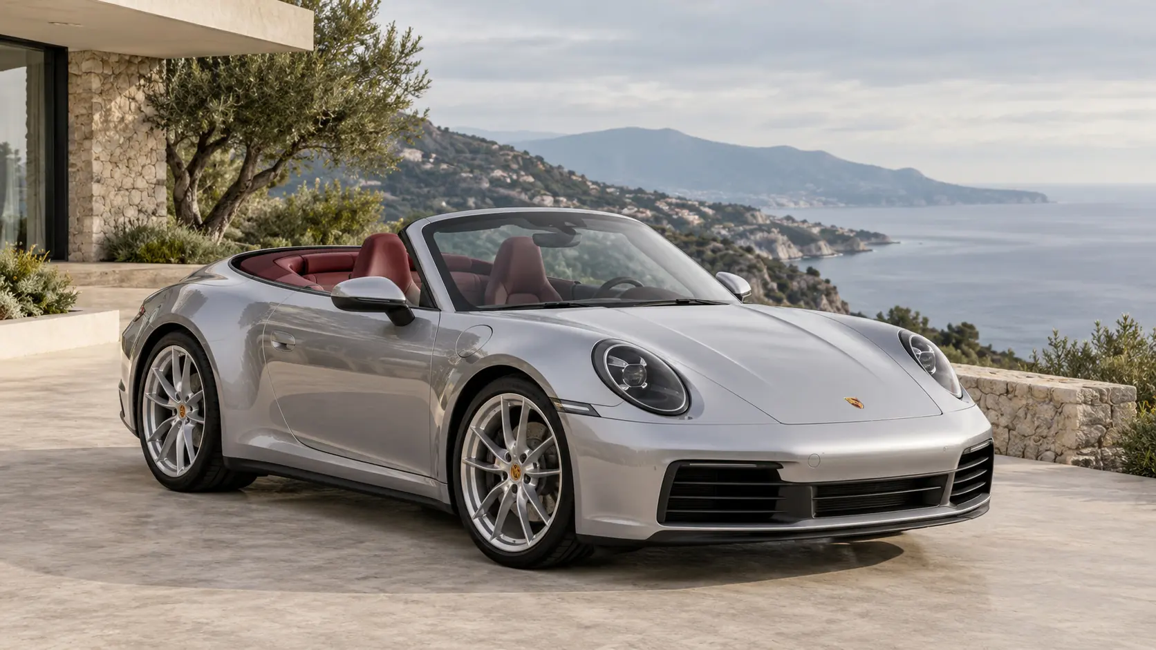 Ilustración generada por IA que representa el modelo Porsche 911 Cabriolet con el techo bajado.