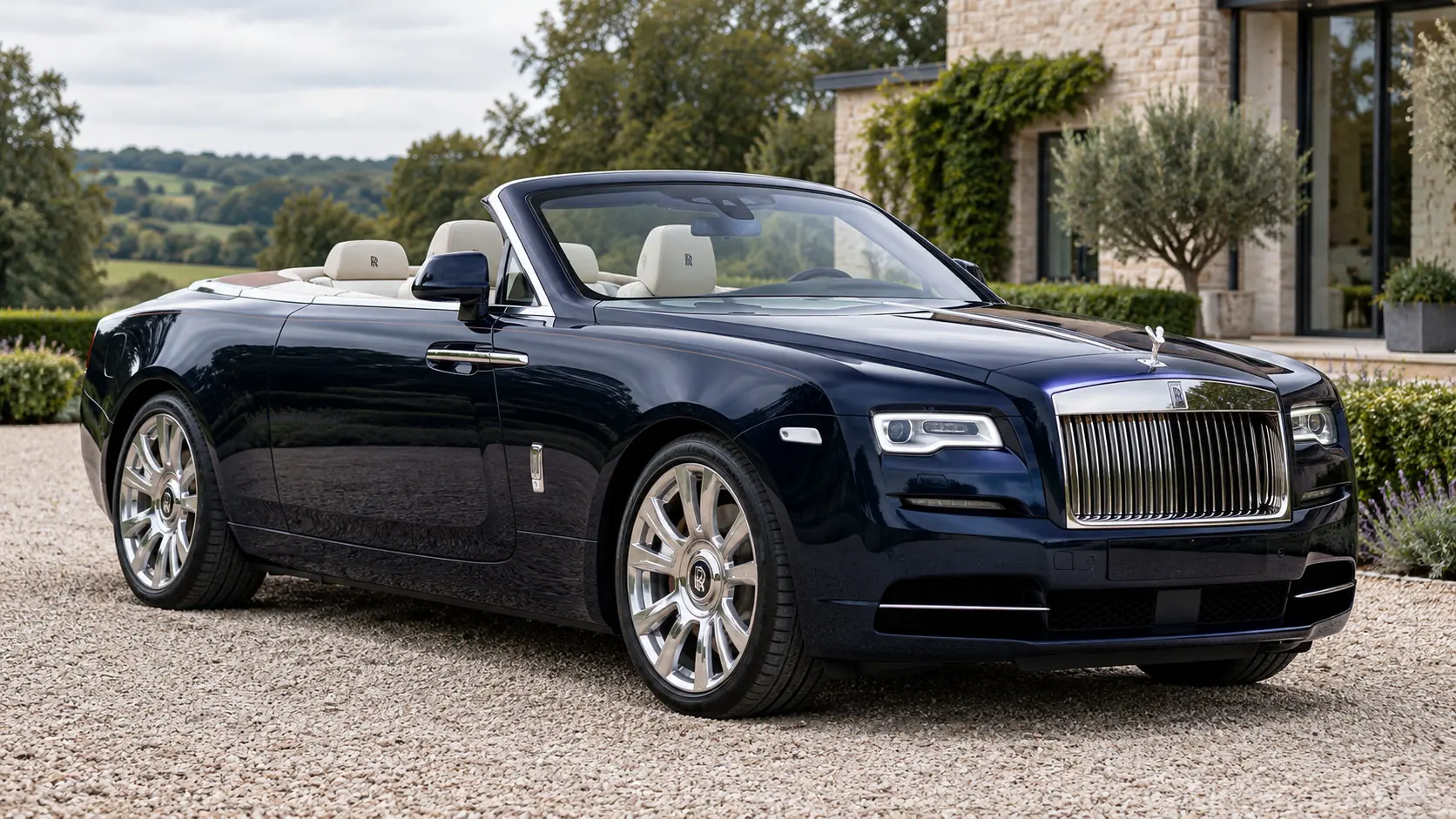Ilustración generada por IA que representa el modelo Rolls-Royce Dawn con el techo bajado.