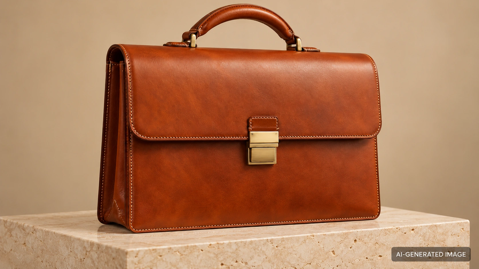 AI-generated illustration of an original cognac flap briefcase with a brass-colored clasp on a stone plinth