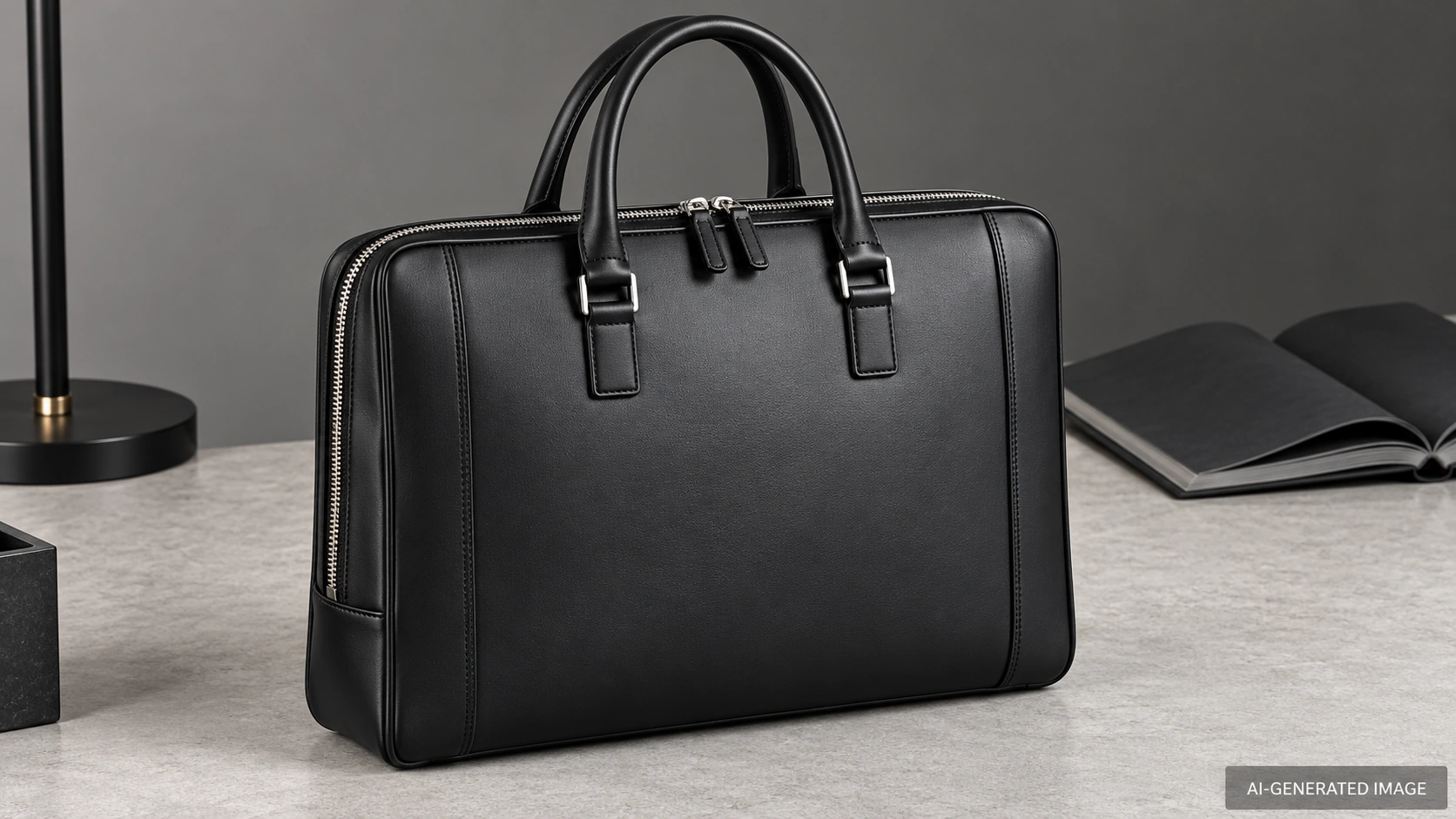AI-generated illustration of an original black double-handle zip briefcase on a pale gray desk