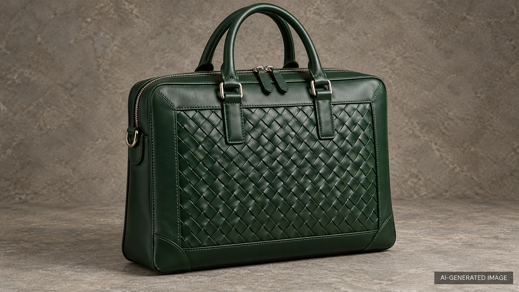 AI-generated illustration of an original dark green leather briefcase with a woven front panel