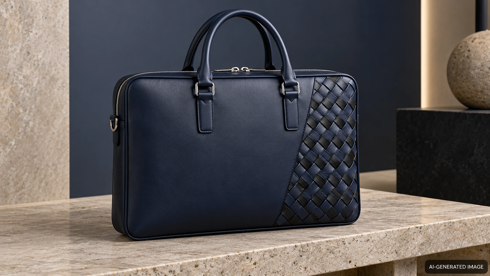 AI-generated illustration of an original navy briefcase with a narrow woven accent panel on a stone bench